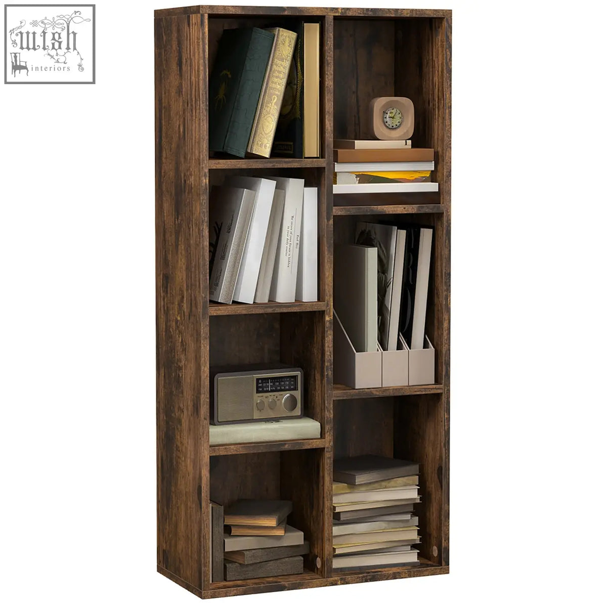 Dark brown rustic wood seven-cube bookshelf with particle board structure holding books radio and decor items