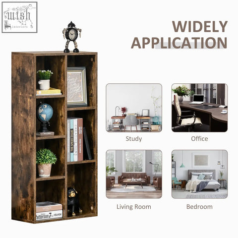 Rustic brown wooden bookshelf with particle board structure featuring multiple shelves and decorative items on top