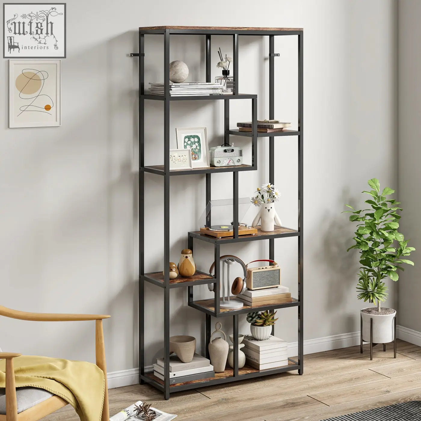Industrial style homcom seven tier geometric bookcase with black metal frame and rustic wooden shelves displaying decor