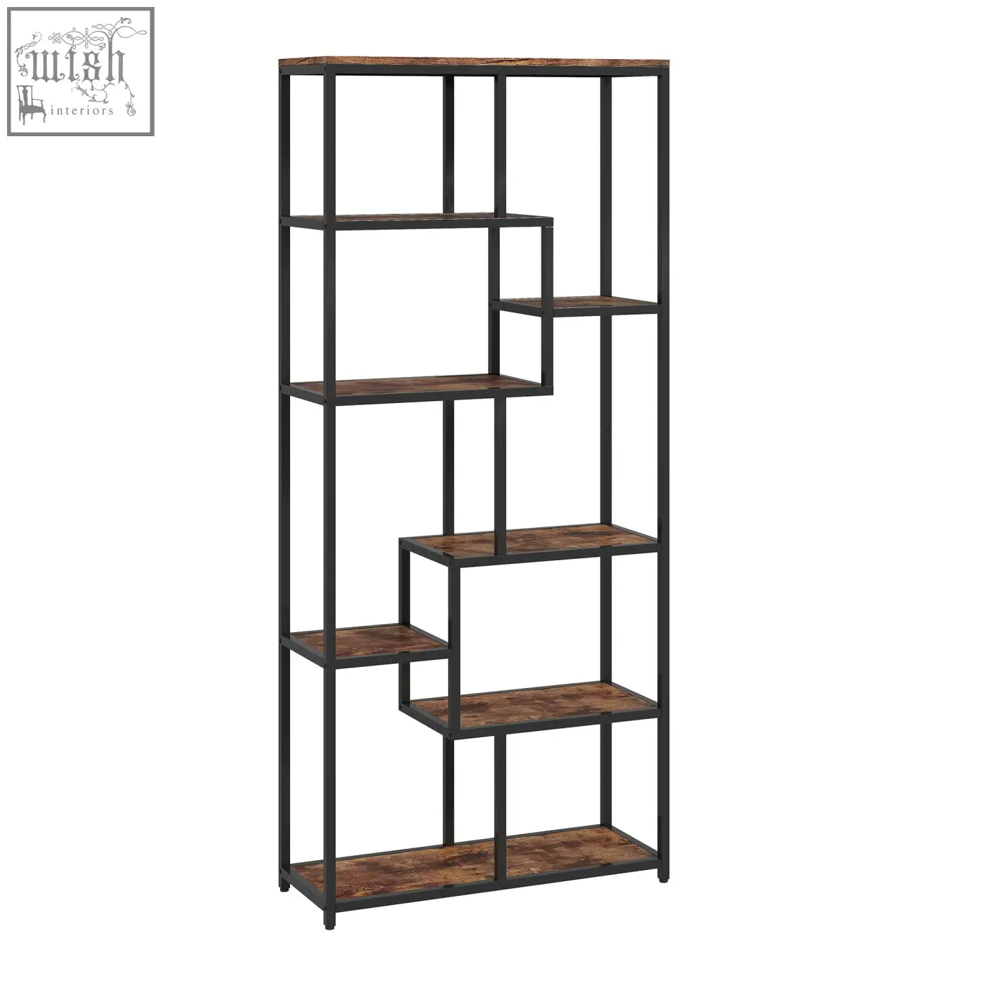 Homcom seven-tier geometric bookcase with black metal frame and rustic brown wood shelves includes anti-tipping straps