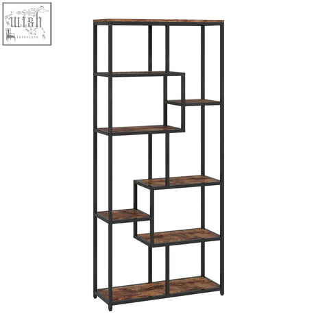 Homcom seven-tier geometric bookcase with black metal frame and rustic brown wood shelves includes anti-tipping straps