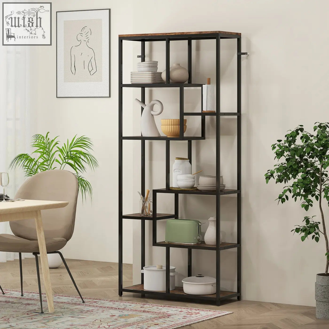 Brown and black HOMCOM seven-tier bookcase with metal frame and geometric wood shelves includes anti-tipping straps