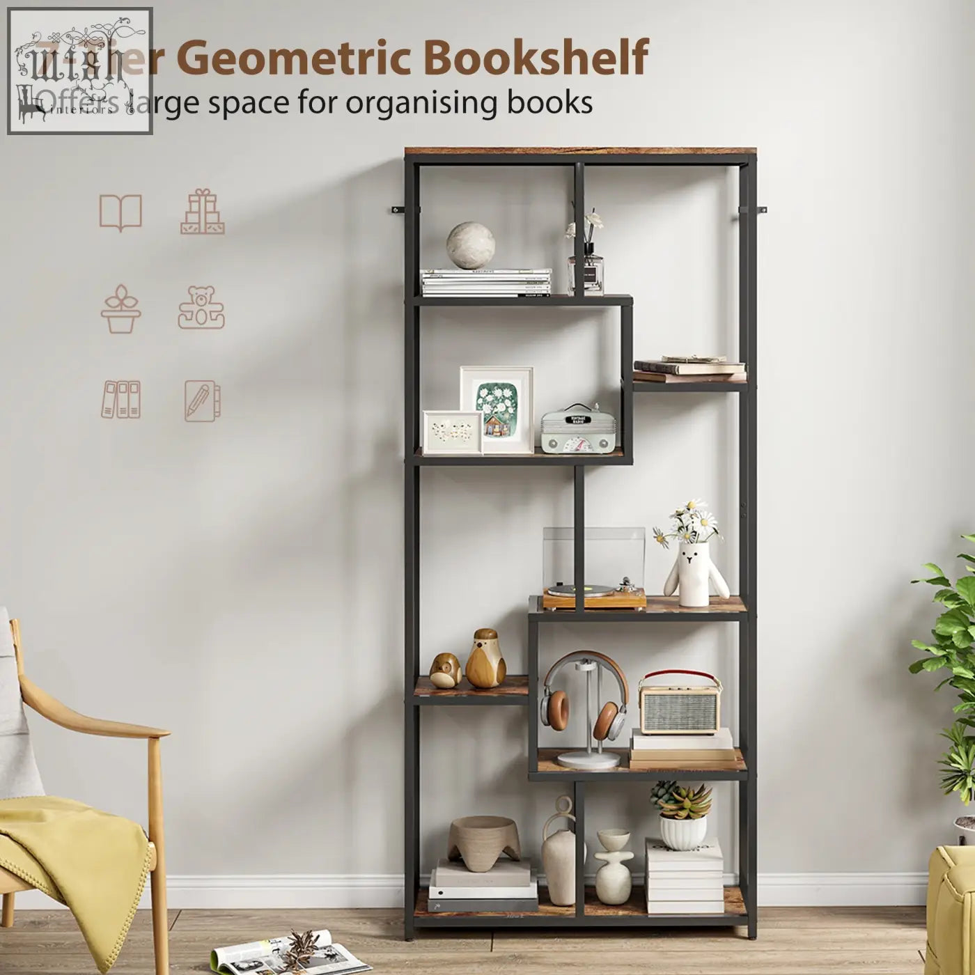 Black metal and wood seven-tier geometric bookshelf with metal frame and anti-tipping straps in brown black