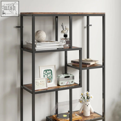 Seven-tier industrial-style bookshelf with black metal frame and rustic wooden shelves includes anti-tipping straps