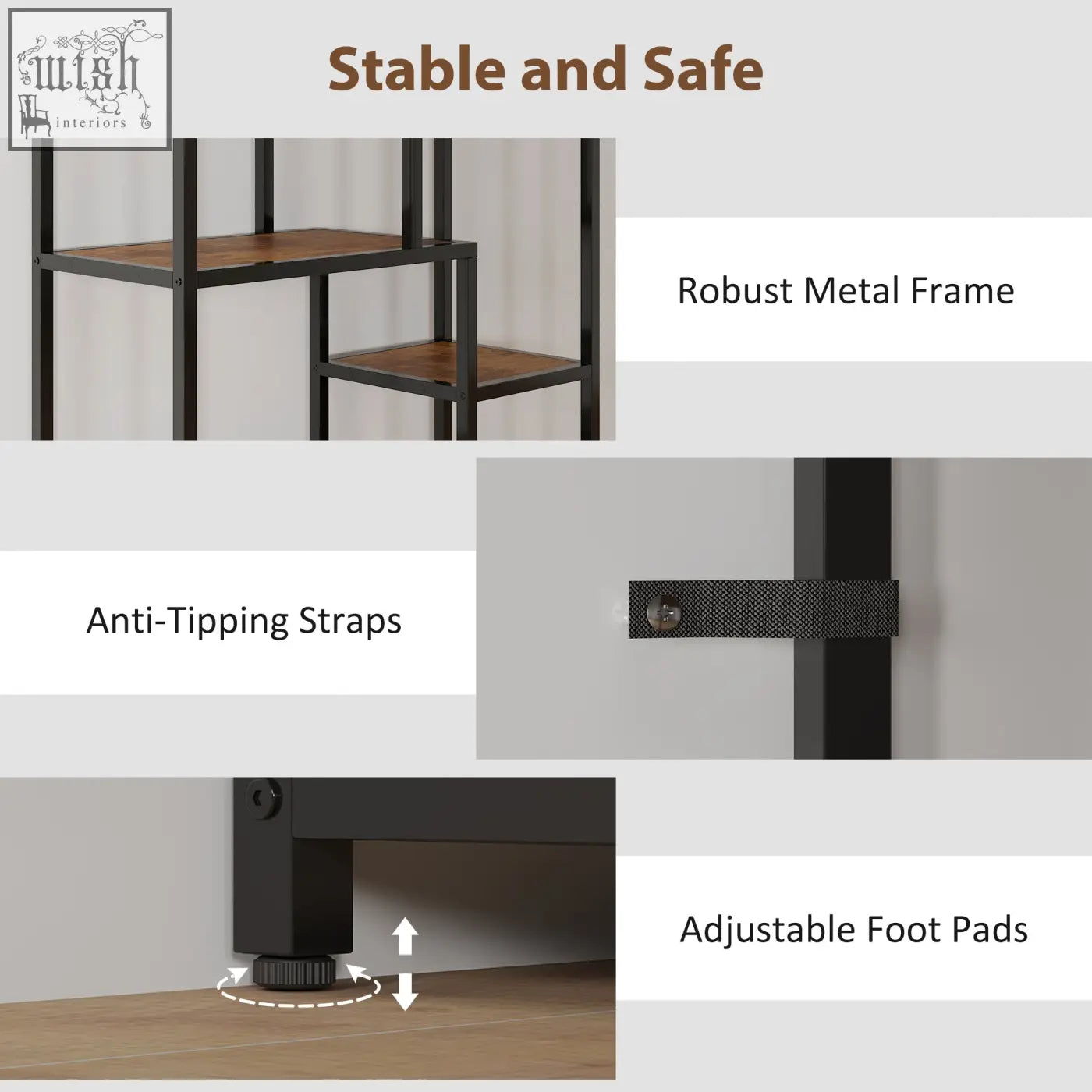 Black metal frame geometric bookcase with seven tiers and brown wooden shelves perfect for stylish storage