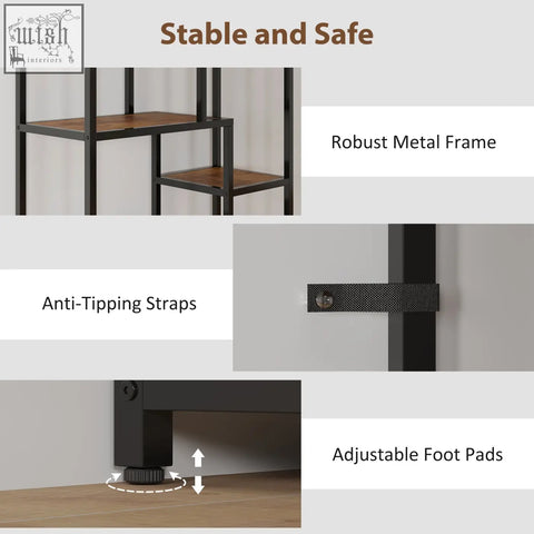 Black metal frame geometric bookcase with seven tiers and brown wooden shelves perfect for stylish storage