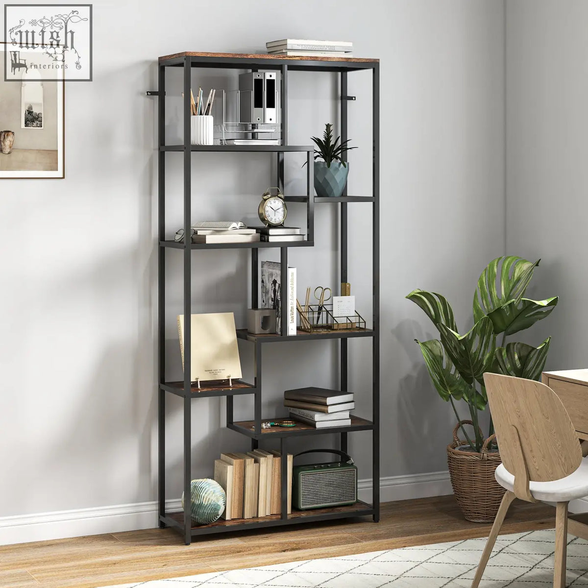 Black metal and wood seven tiers geometric bookcase with metal frame in brown and black displaying books and decor items