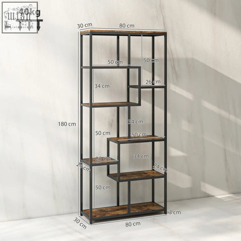 Homcom seven-tier geometric bookcase with metal frame and rustic wood finish includes anti-tipping straps for safety