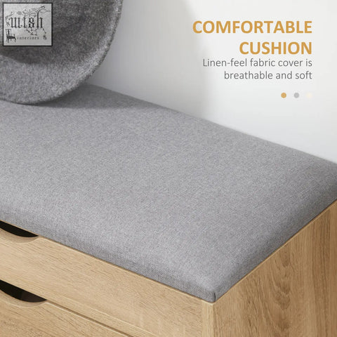 Homcom shoe bench with gray linen-feel cushioned seat wooden frame groove handles 60w x 30d entryway storage