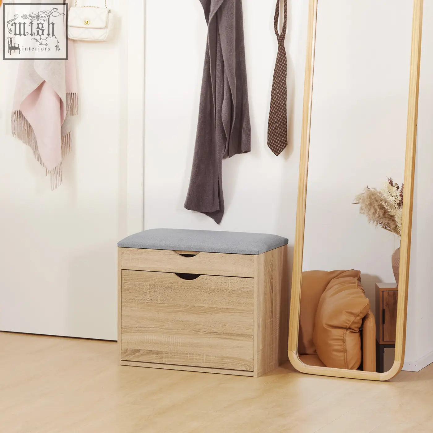 Homcom shoe bench 60w x 30d light wood grain storage with gray cushion two drawers and black groove handles for entryway