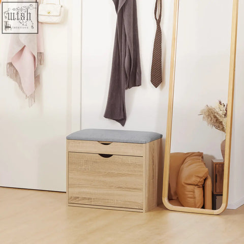 Homcom shoe bench 60w x 30d light wood grain storage with gray cushion two drawers and black groove handles for entryway