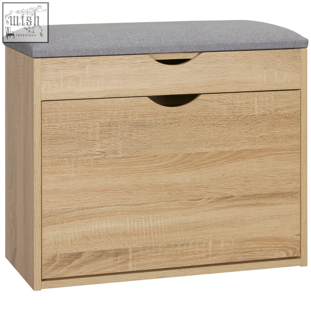 Light oak homcom shoe bench with gray padded seat, groove handles, two drawers, 60w x 30d for entryway storage