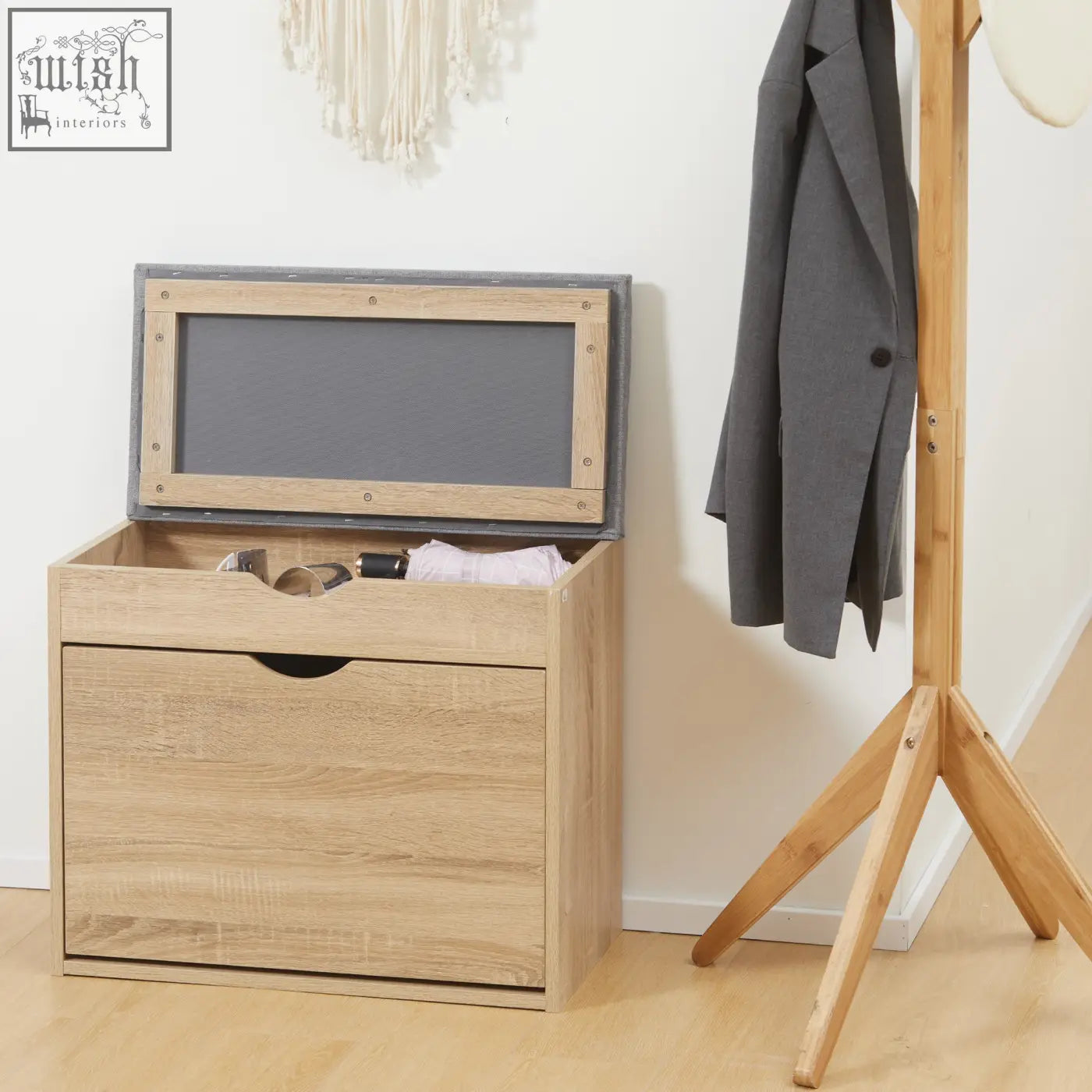 Light wood finish homcom shoe bench with groove handles 60w x 30d storage bench with gray felt interior and hinged lid