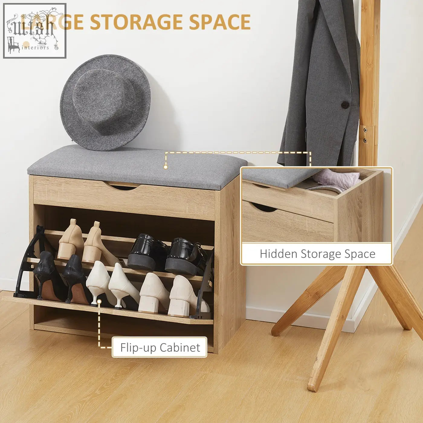 Homcom shoe bench with light wood finish, gray padded seat, groove handles, flip-up cabinet, 60w x 30d for entryway storage