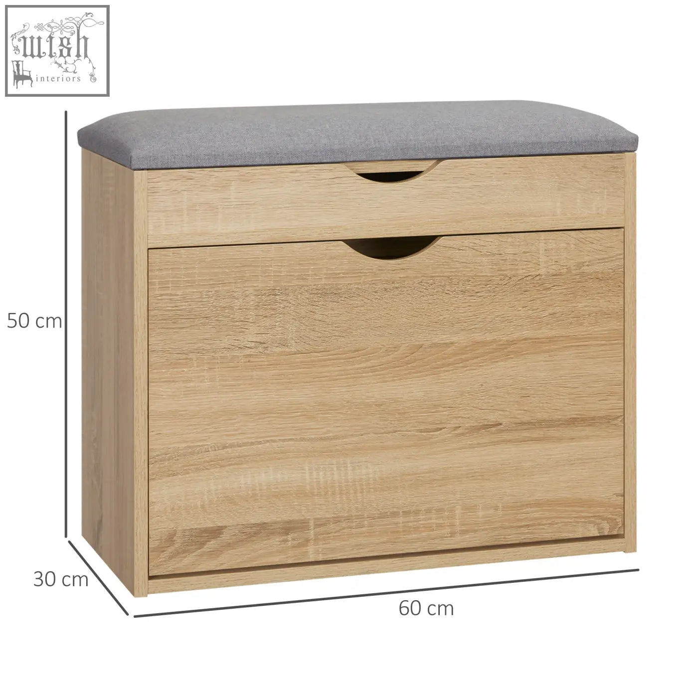 Light oak homcom shoe bench with gray padded seat, two drawers with groove handles, 60w x 30d for entryway storage