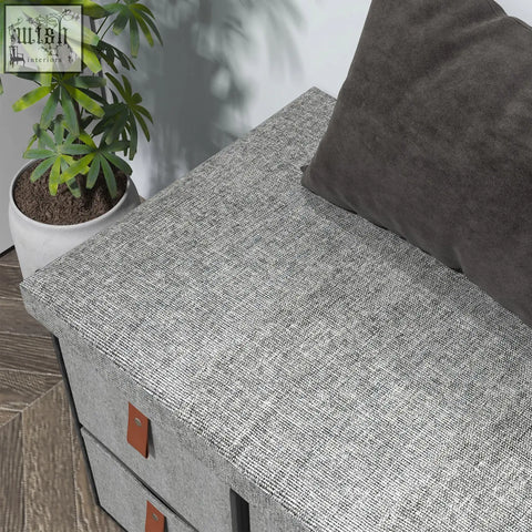 Gray textured fabric homcom shoe bench with cushion and six fabric drawers holds six shoe pairs for entryway use
