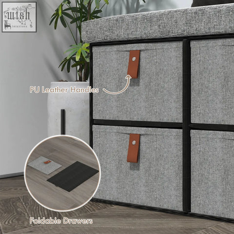 Gray fabric storage drawers with brown pu leather handles on homcom shoe bench holding six shoe pairs in light grey