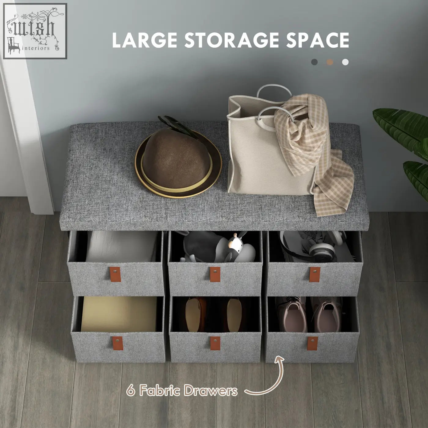 Gray homcom shoe bench with six fabric drawers brown leather pulls cushioned seat for storing six shoe pairs