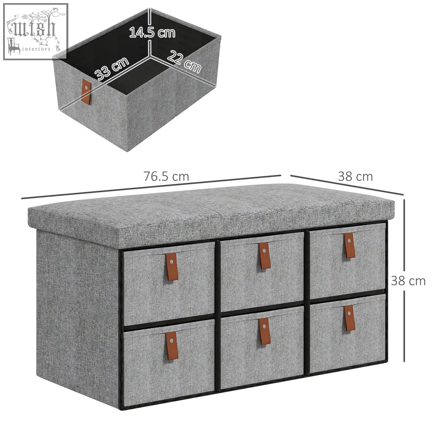 Light grey homcom shoe bench with cushioned seat and six fabric drawers holding six shoe pairs for entryway storage