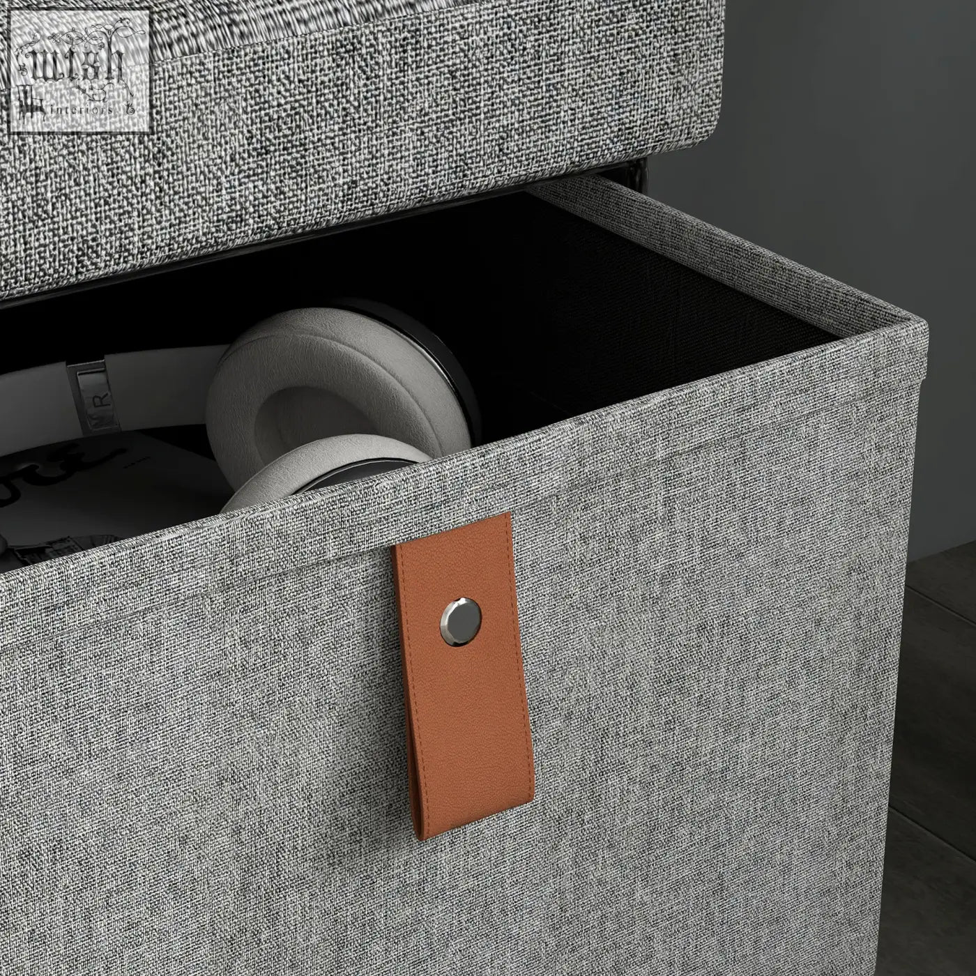 Gray textured fabric homcom shoe bench with tan leather strap and metallic button stores six shoe pairs neatly