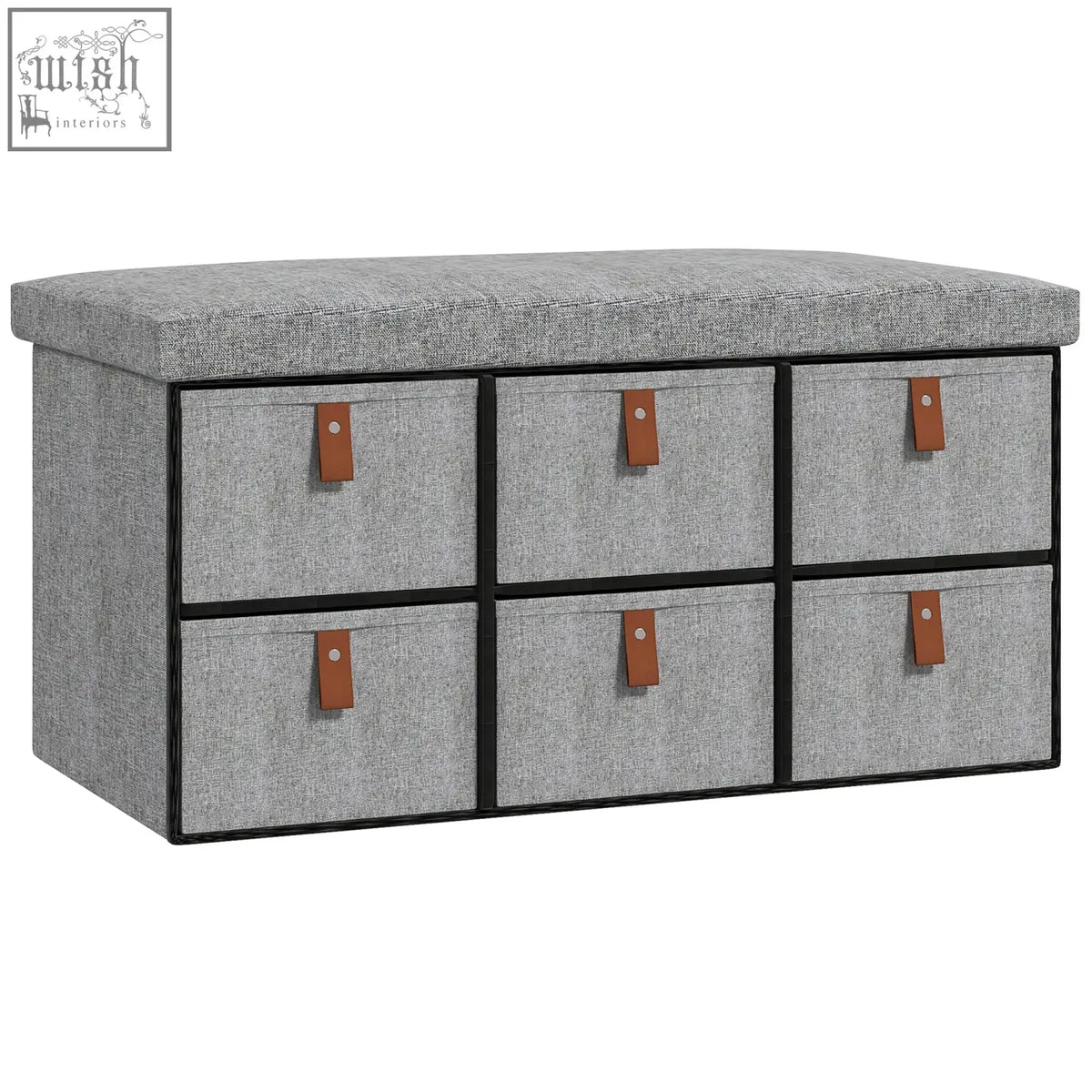 Gray homcom shoe bench with cushion and six fabric drawers featuring brown leather tabs for shoe storage of six shoe pairs