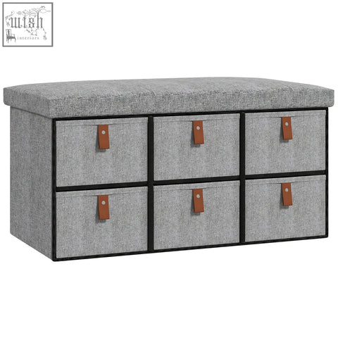 Gray homcom shoe bench with cushion and six fabric drawers featuring brown leather tabs for shoe storage of six shoe pairs