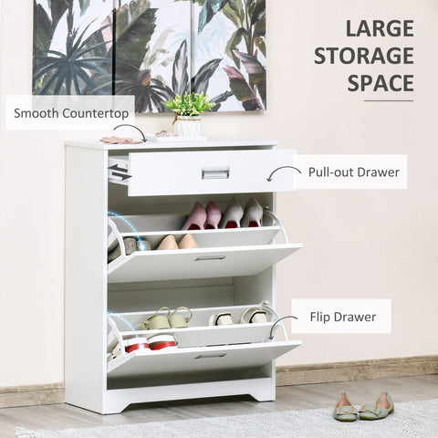 White HOMCOM shoe cabinet with large storage, flip drawers, pull-out and flip-up doors for entryway organization
