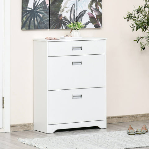 White homcom shoe cabinet with flip drawers and silver handles offers slim large storage for 16 pairs of shoes