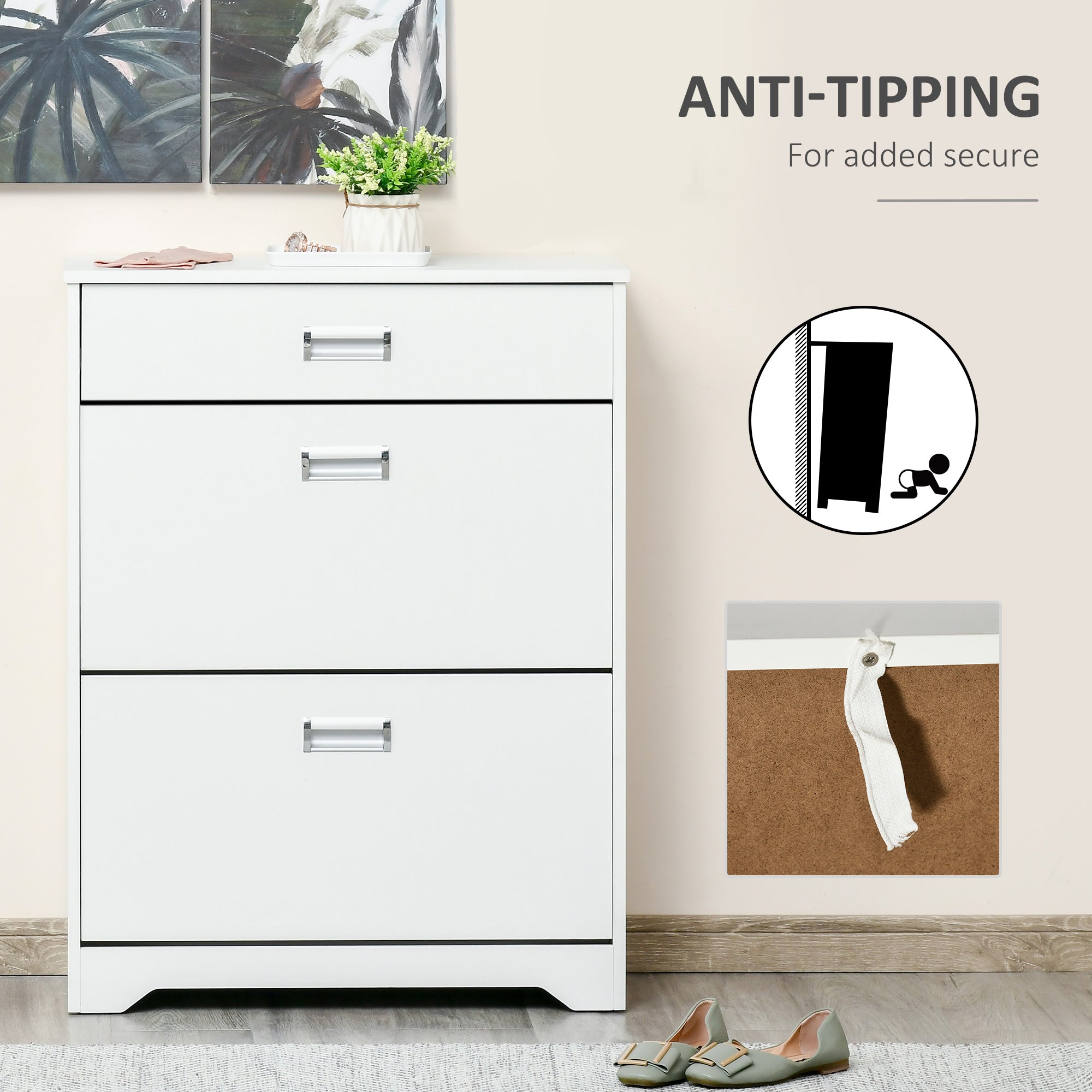 White homcom shoe cabinet with three silver handle drawers flip doors and anti tipping feature for large storage