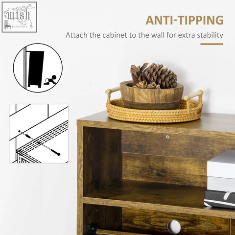 Rustic brown homcom shoe cabinet with 2-level adjustable shelf and wicker tray holding pinecones on top