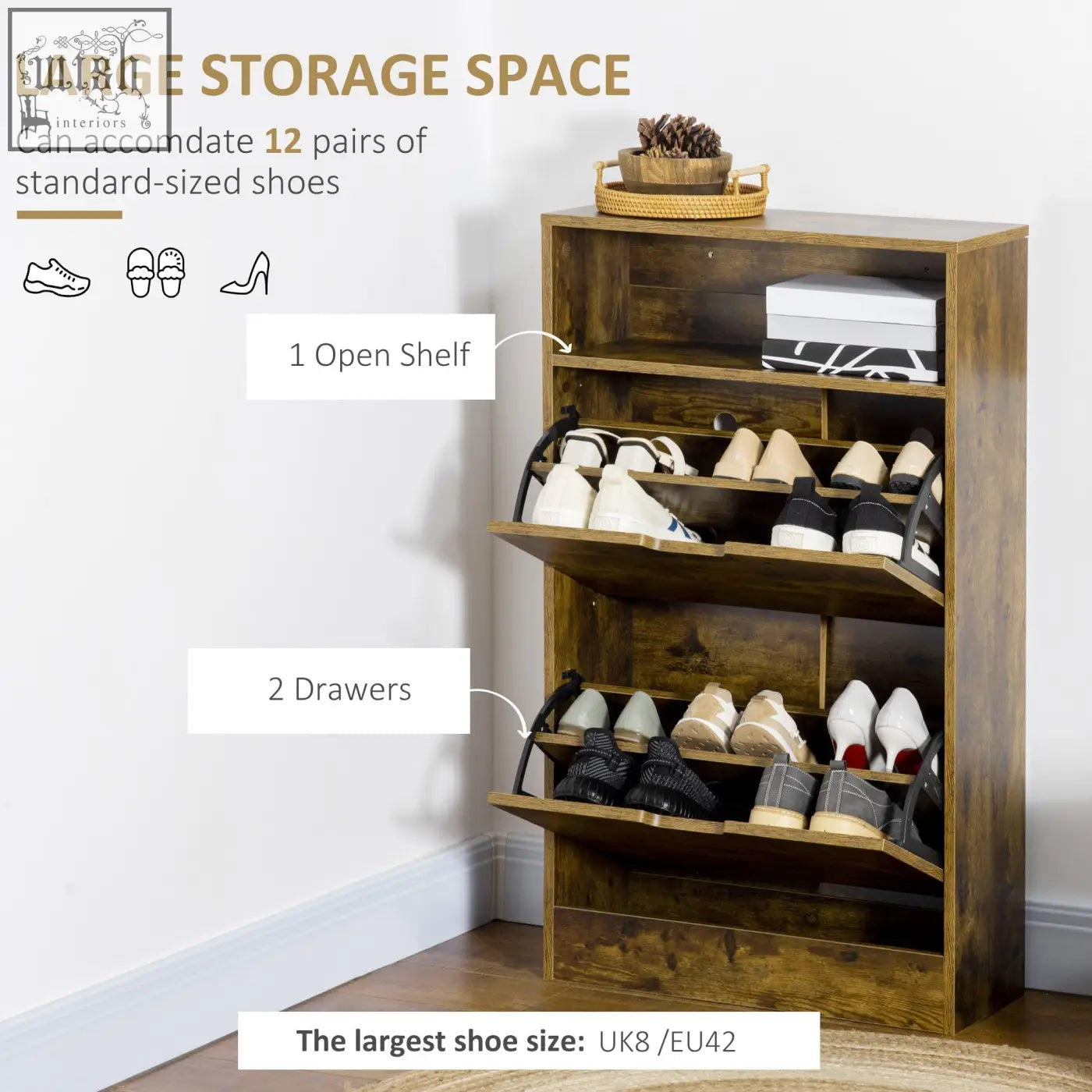 Wooden rustic brown shoe cabinet with 2-level adjustable shelf, drawers, and flip doors for entryway shoe storage