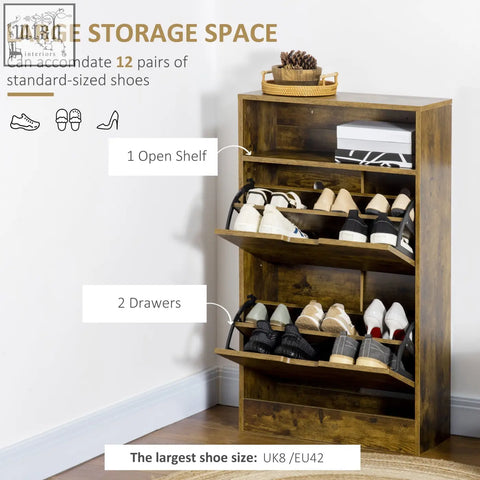 Wooden rustic brown shoe cabinet with 2-level adjustable shelf, drawers, and flip doors for entryway shoe storage