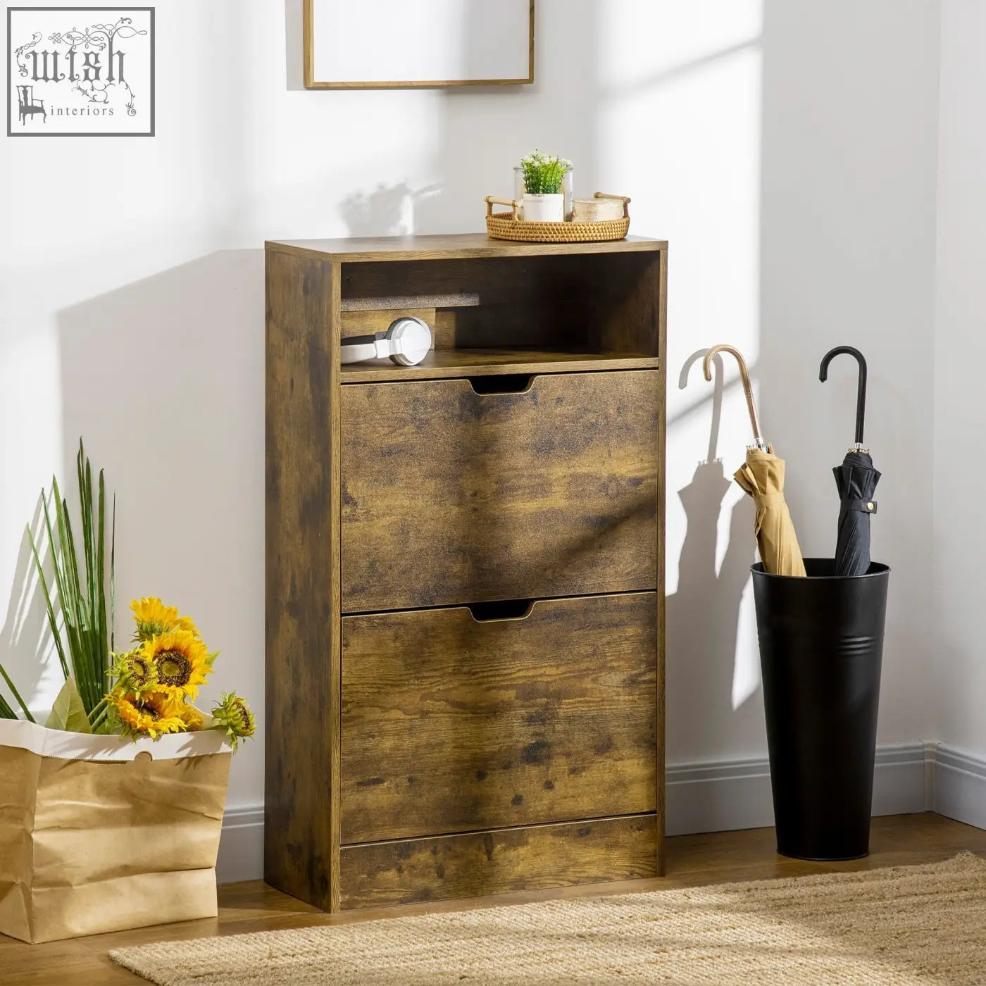 Rustic brown wooden shoe cabinet with 2-level adjustable shelf, 2 drawers, and open top shelf for entryway storage