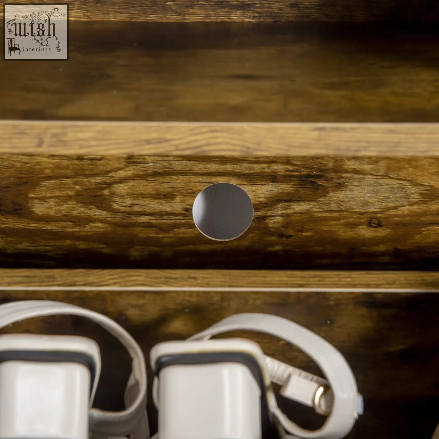 A sleek metallic drawer pull on a rustic brown HOMCOM shoe cabinet with 2-level adjustable shelf for entryway storage