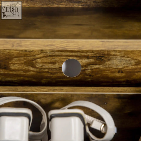 A sleek metallic drawer pull on a rustic brown HOMCOM shoe cabinet with 2-level adjustable shelf for entryway storage