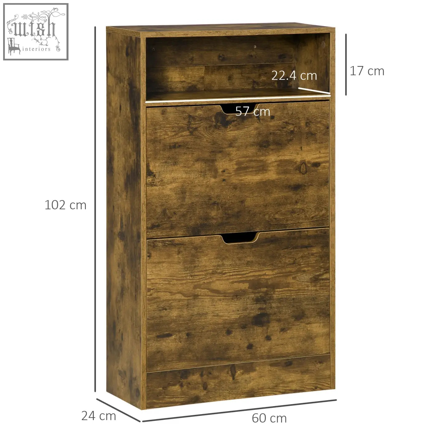 Rustic brown wooden shoe cabinet with three drawers and a 2-level adjustable shelf for entryway storage