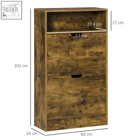 Rustic brown wooden shoe cabinet with three drawers and a 2-level adjustable shelf for entryway storage