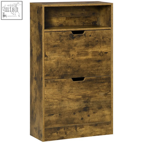 Rustic brown shoe cabinet with 2 flip doors, 2 drawers, and 2-level adjustable shelf for entryway storage