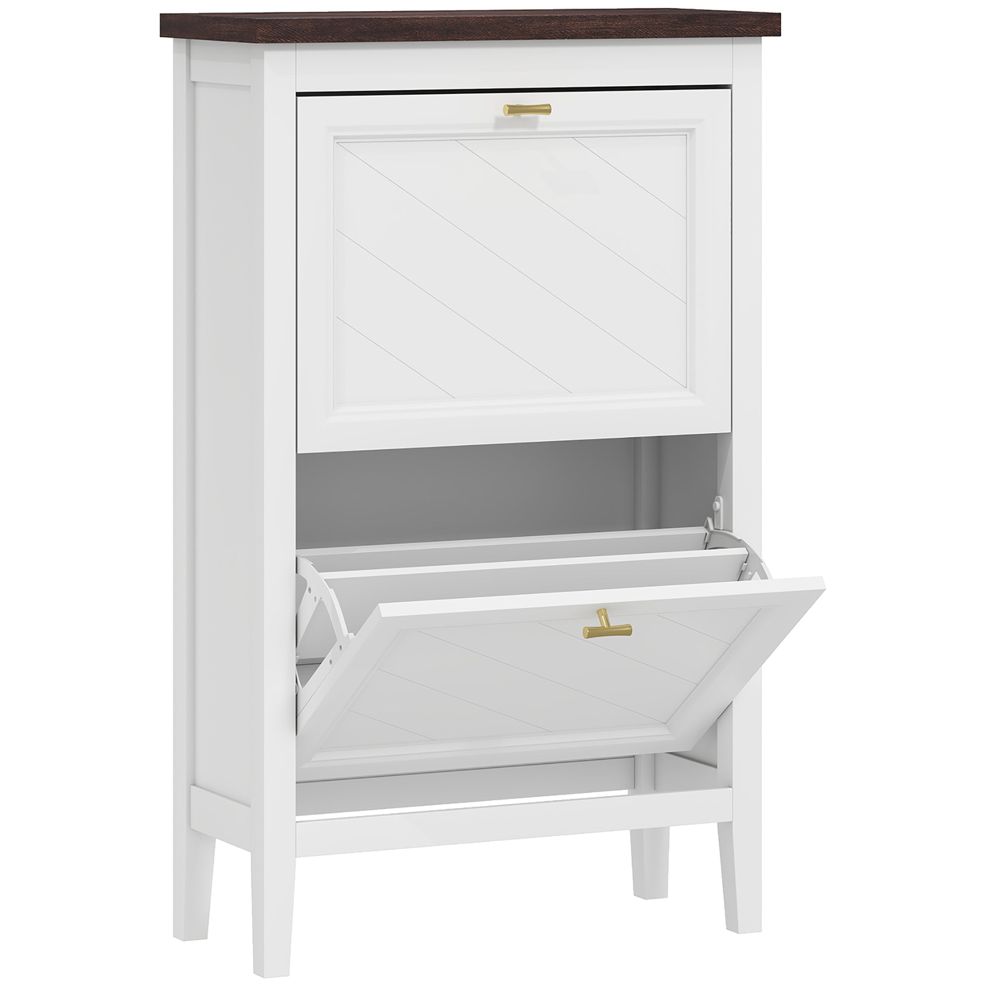 White wooden shoe cabinet with dark wood top and gold-tone handles featuring 2 flip drawers and adjustable shelves for shoe storage