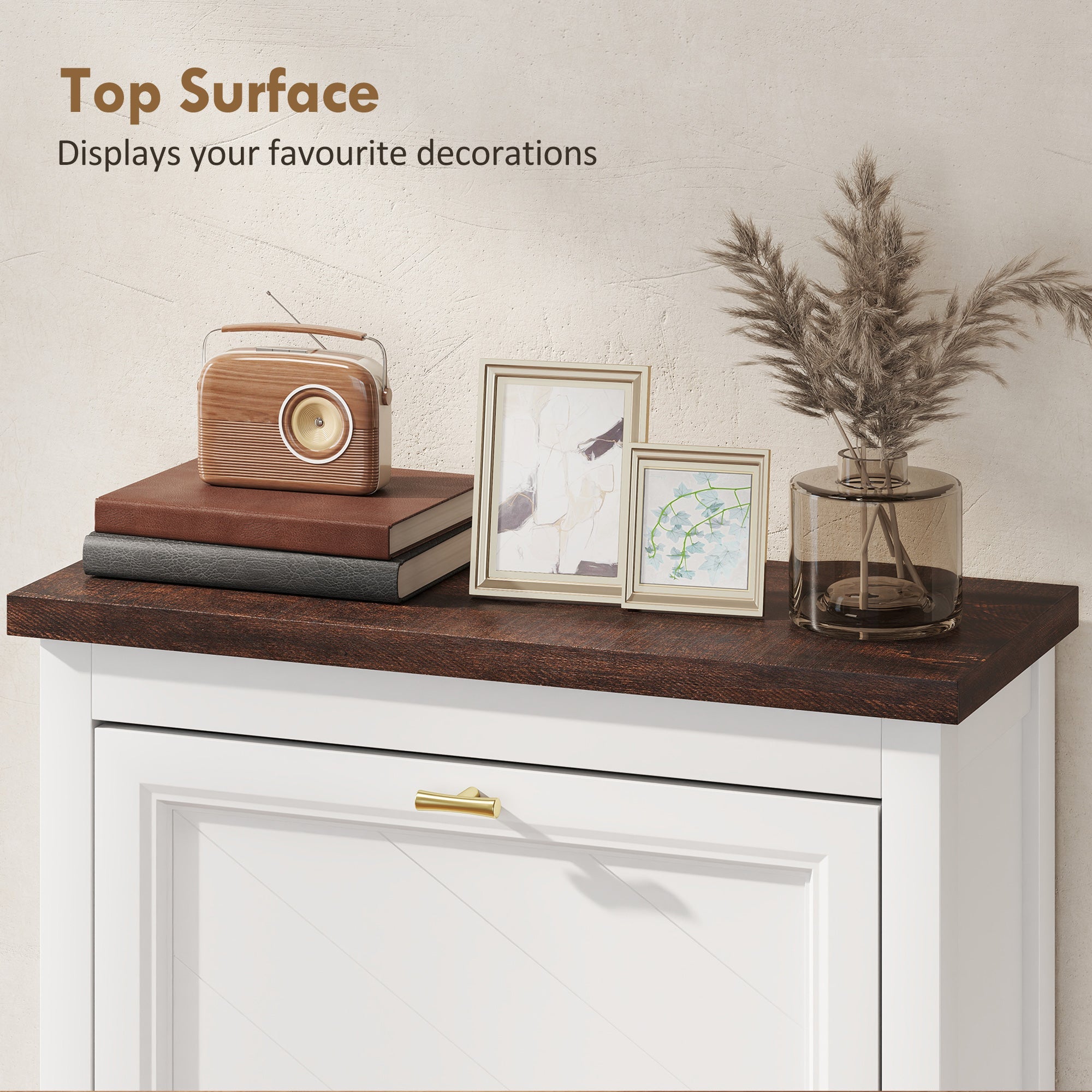White HOMCOM shoe cabinet with dark wood top, gold-tone handle, flip drawers, and adjustable shelves for shoe storage