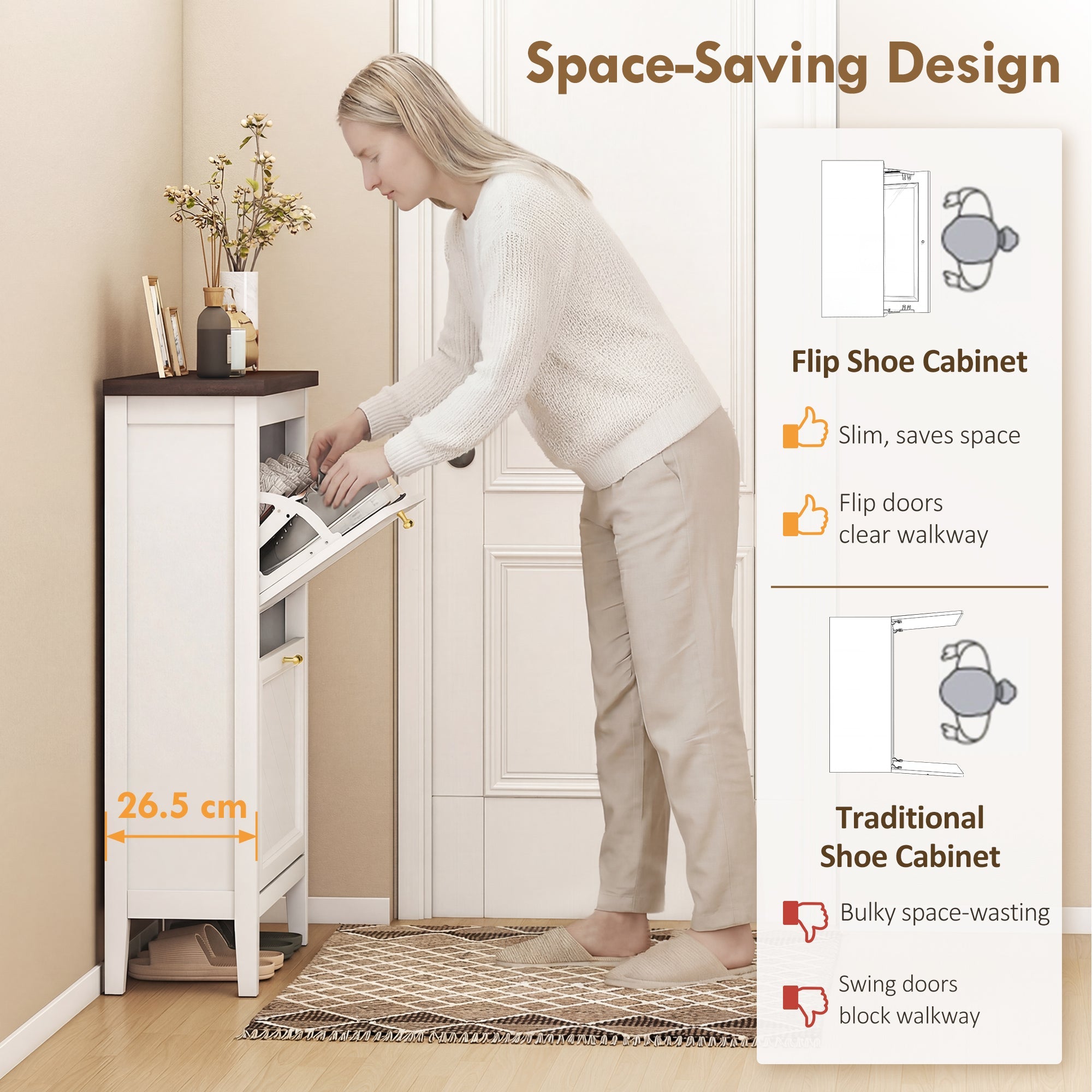 White HOMCOM shoe cabinet with dark wood top and gold hardware featuring 2 flip drawers and adjustable shelves for shoe storage