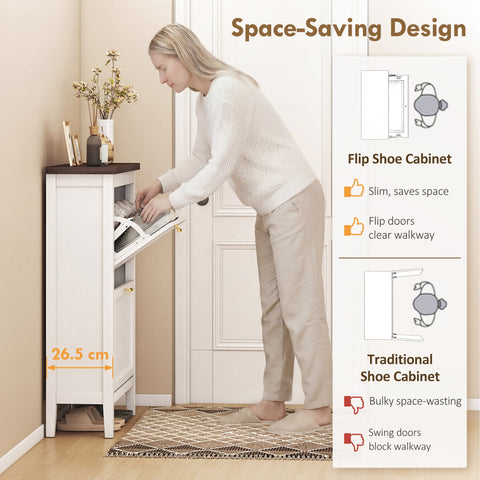 White HOMCOM shoe cabinet with dark wood top and gold hardware featuring 2 flip drawers and adjustable shelves for shoe storage