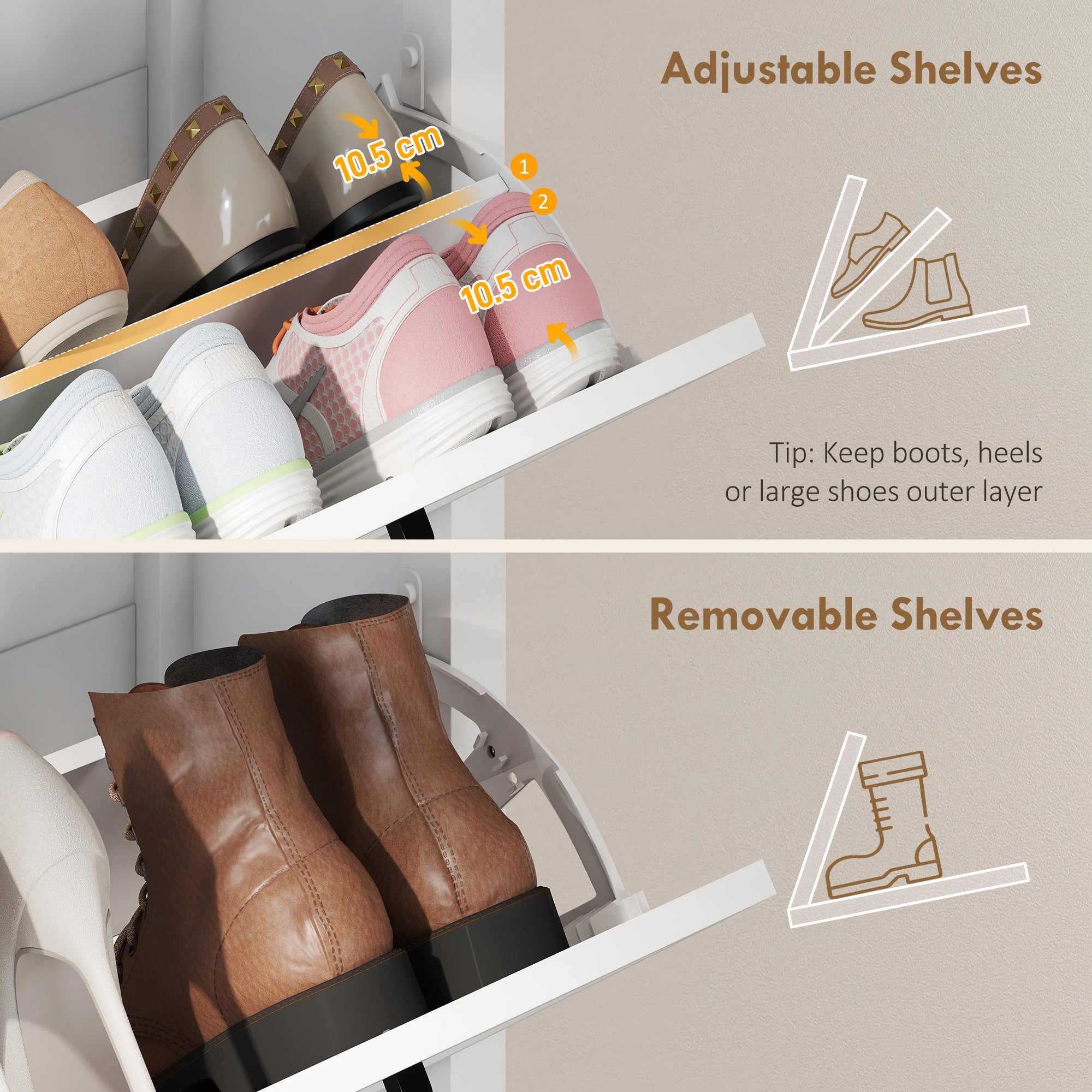 White adjustable and removable shoe rack with 10.5 cm shelf depth for flip drawers in HOMCOM shoe storage cabinet