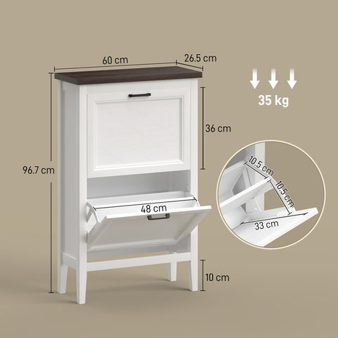 White wooden homcom shoe cabinet with dark brown top, two flip drawers one open showing adjustable shelves for shoe storage