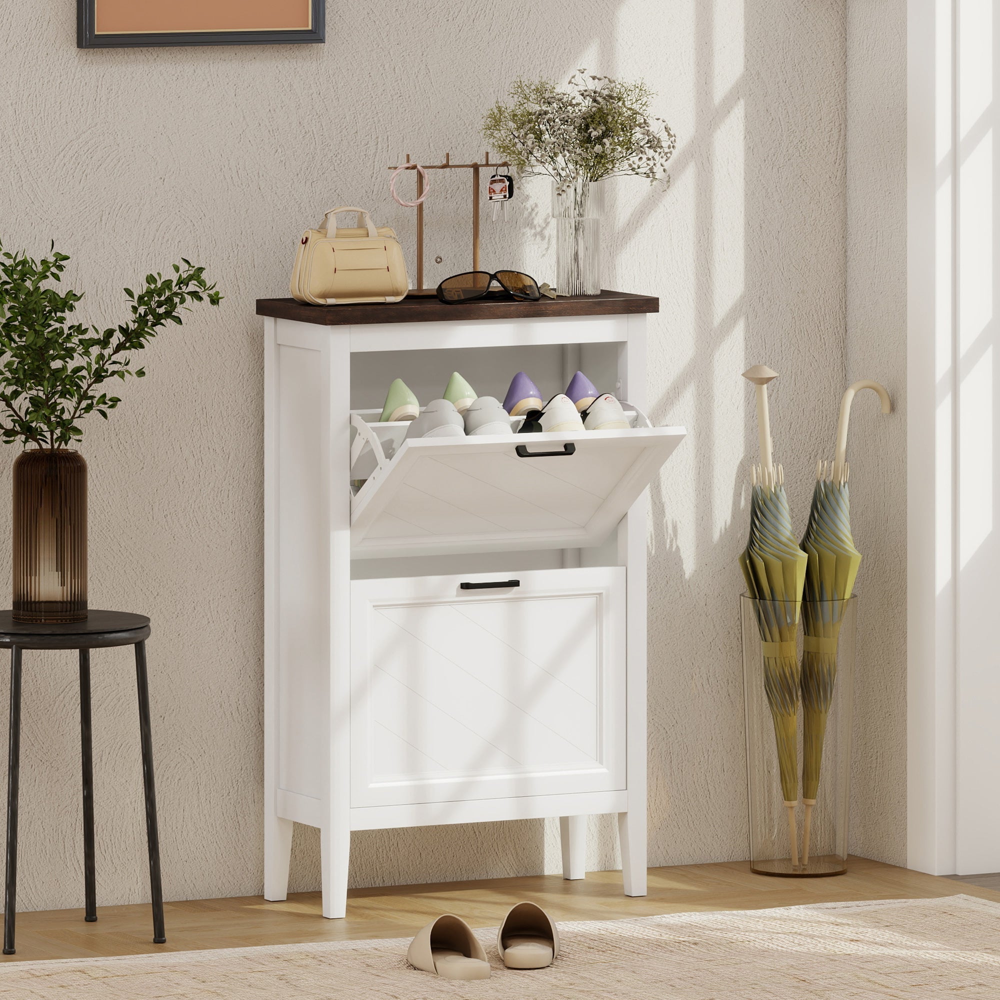 White wooden homcom shoe cabinet with dark brown top flip drawers and adjustable shelves for shoe storage
