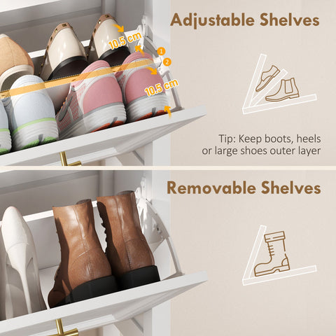 White adjustable and removable shoe shelves with gold metal supports in homcom shoe cabinet with flip drawers for shoe storage