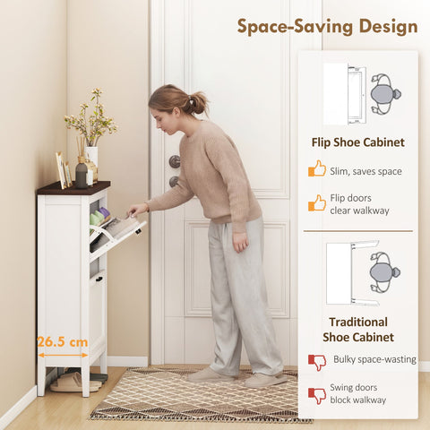 White HOMCOM shoe cabinet with two flip drawers dark wood top and adjustable shelves for slim shoe storage