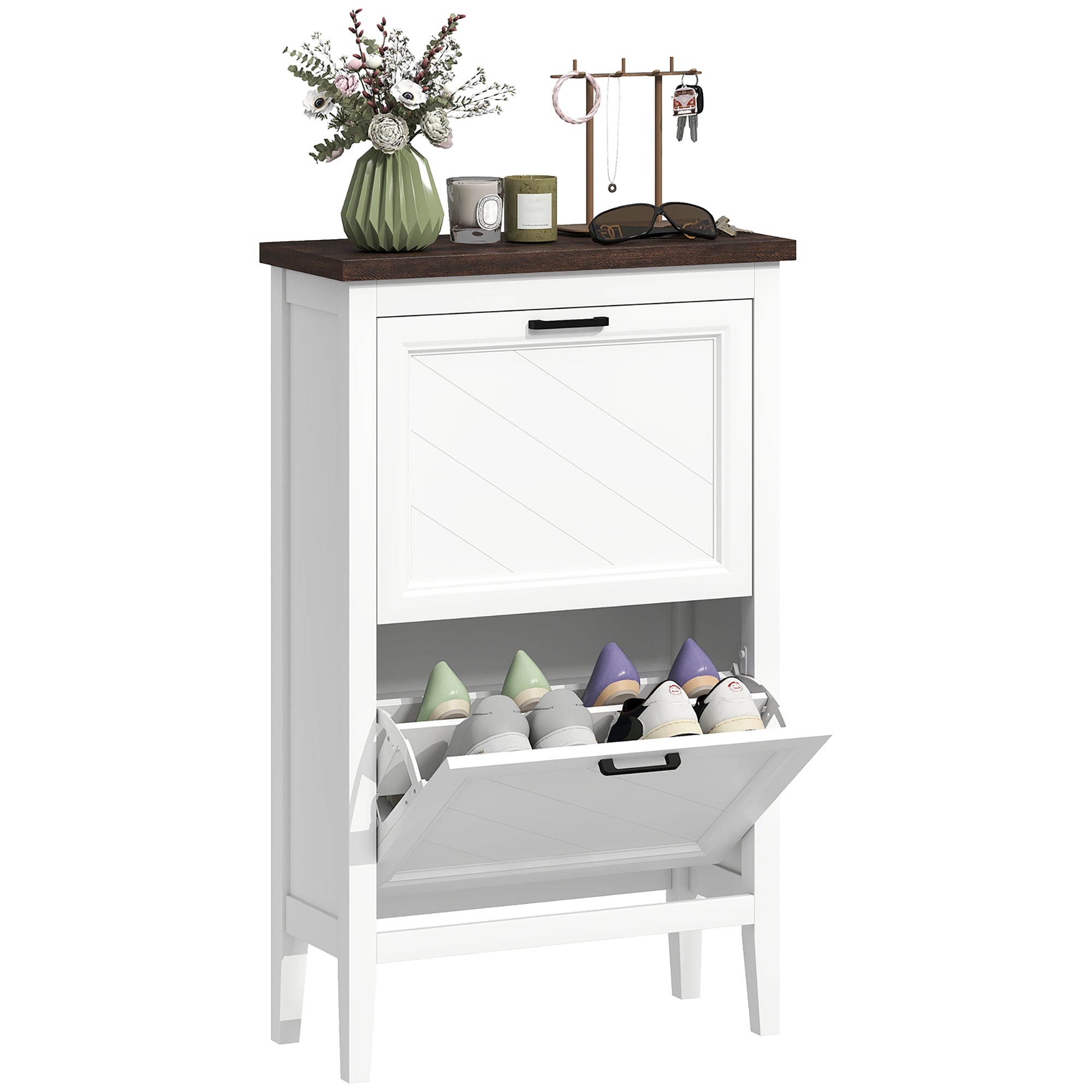 White wooden homcom shoe cabinet with dark wood top diagonal paneling flip drawers and adjustable shelves for shoe storage