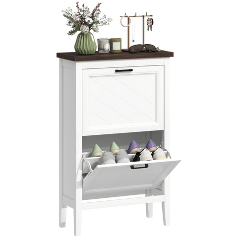 White wooden homcom shoe cabinet with dark wood top diagonal paneling flip drawers and adjustable shelves for shoe storage
