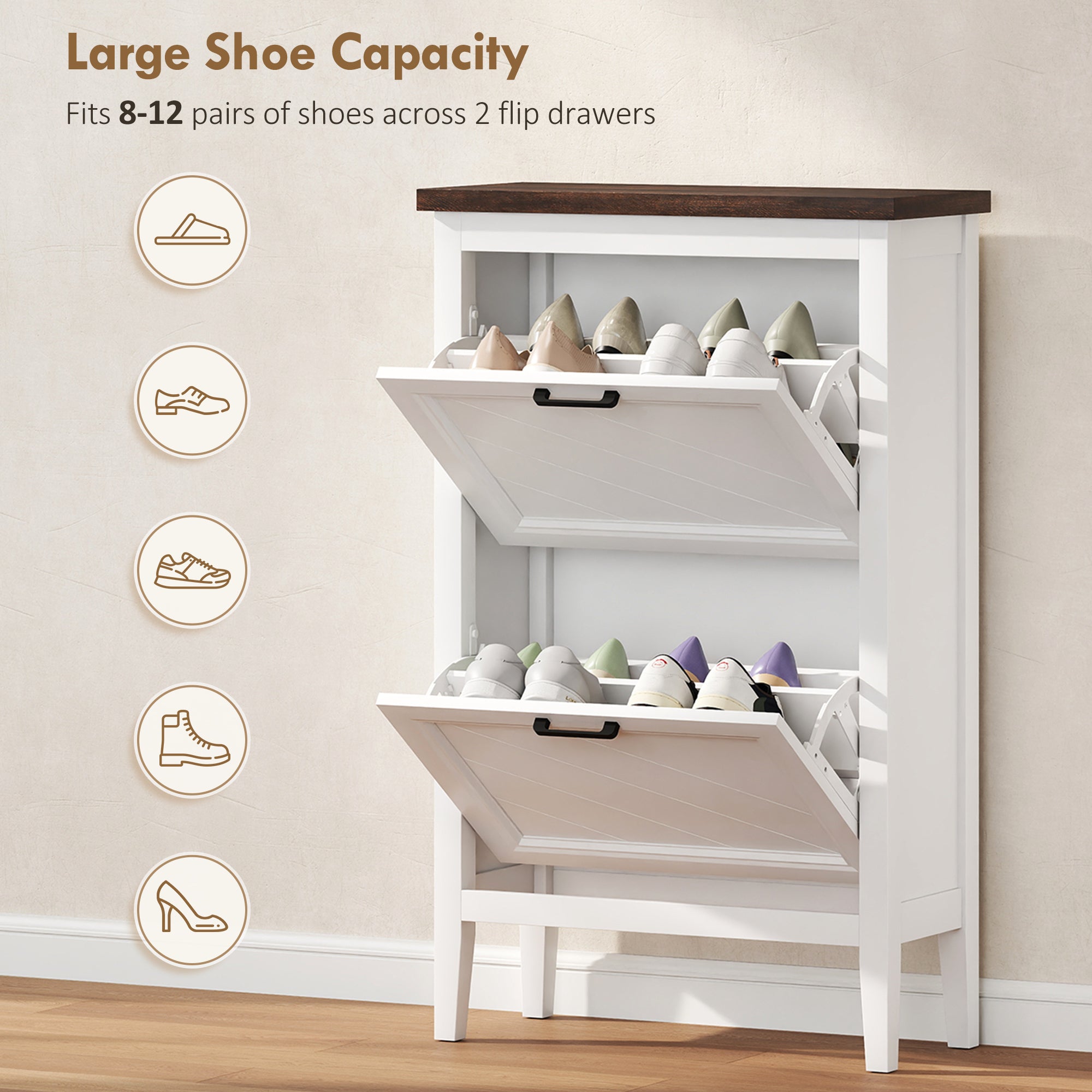 White wooden HOMCOM shoe storage cabinet with two flip drawers, adjustable shelves, and dark wood top for farmhouse style